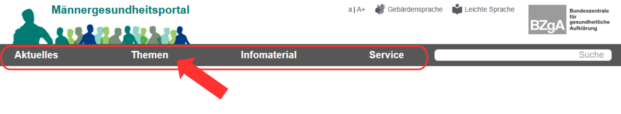 Screenshot Männergesundheitsportal 4 Hauptbereiche