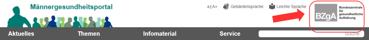 Screenshot Männergesundheitsportal oben rechts: Logo der Bundeszentrale für gesundheitliche Aufklärung