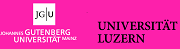 Logos der Johannes Gutenberg-Universität Mainz und Universität Luzern auf pinkem Hintergrund